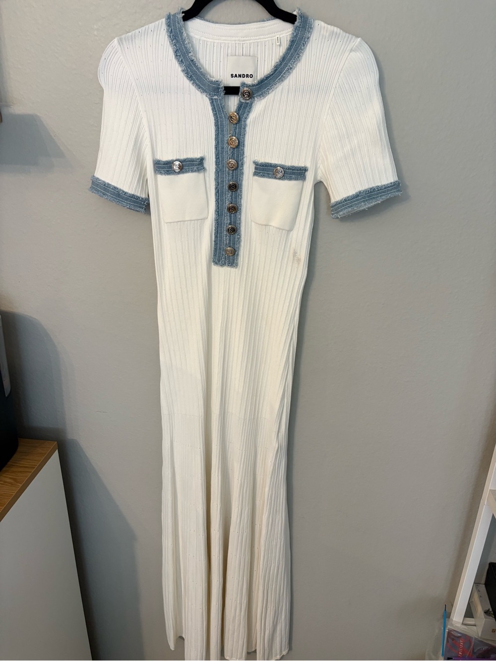 Sandro White Ribbed Knit Midi Dress with Denim Trim WITH FLAW